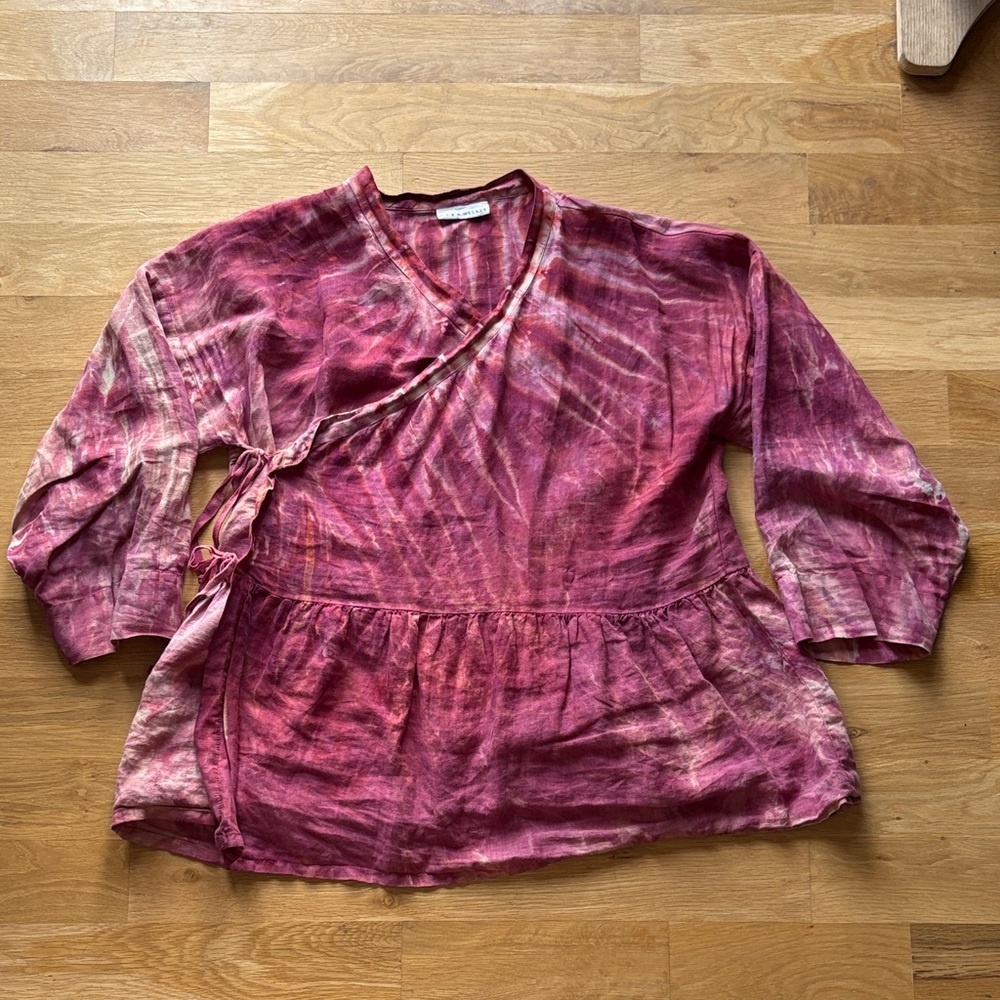 bryn Walker Pink Tie-Dye Wrap Peplum Linen Blouse